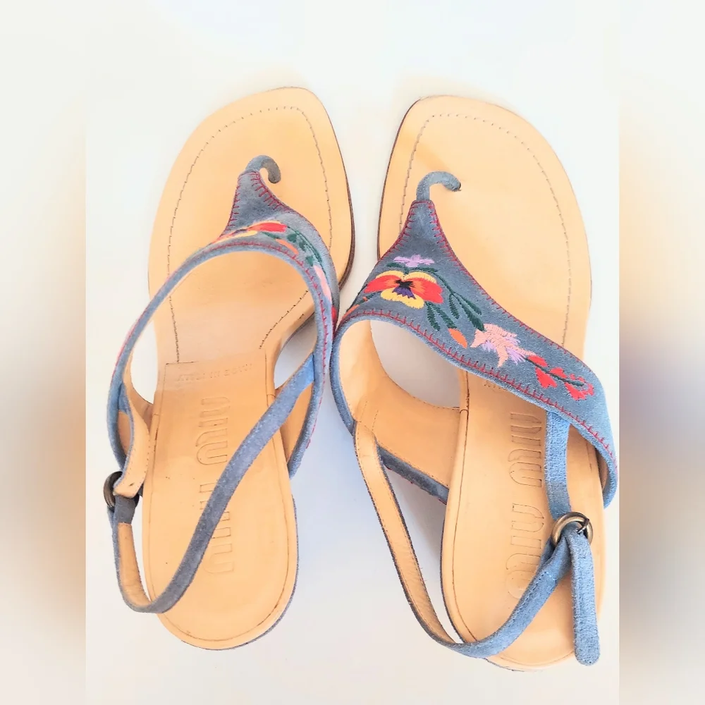 Miu Miu Embroidered Blue Suede Block Heel Sandals Size US 5.5 EU 35.5
